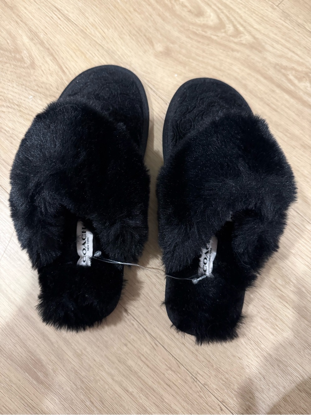 Coach Black Faux Fur Slide Sandals
